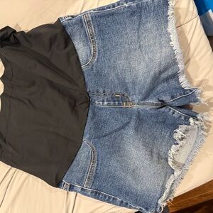 Just USA Blue Jean maternity Shorts with Frayed Hem